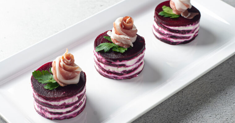 Beetroot Napoleons with Prosciutto Roses