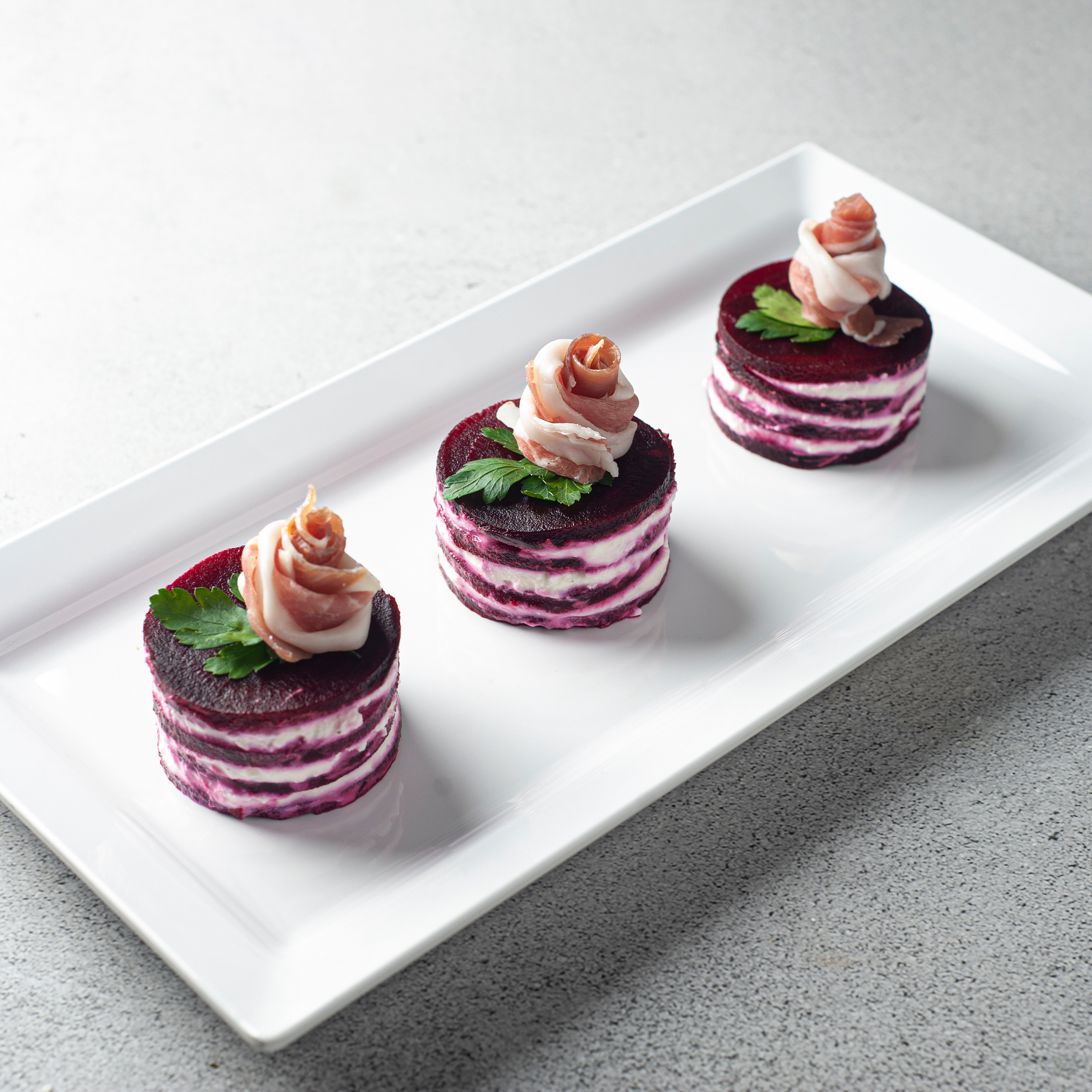 Beetroot Napoleons with Prosciutto Roses